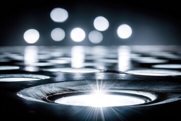 Close-up of illuminated metal panel with lights.  Bokeh effect