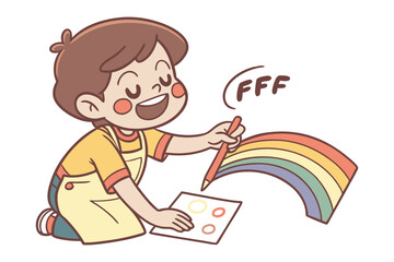 Artistic Inspiration: A young child, consumed by creative passion, meticulously adds colorful strokes to a vibrant rainbow, symbolizing creativity.