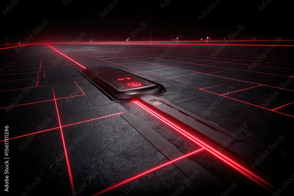 Poster futuristic device embedded in a gridded surface, illuminated by red laser lines