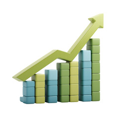 3D plasticine model of a rising bar chart, cute clay style graph for data analysis and business growth concepts, isolated icon representing success, statistics, and profit.