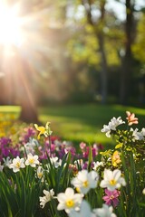 Sunlit spring garden flowers blooming brightly