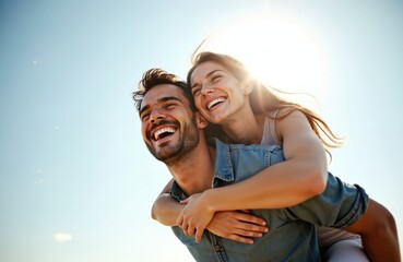 Young couple enjoys outdoor fun piggyback ride. Man carries happy woman. Smiling faces, joyful expressions, summer day. Sunlight creates happy, loving mood. Love, leisure, vacation.