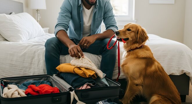 Man and dog packing suitcase for travel at home. Preparation to journey with pet and adventure. Animal helping pack for trip