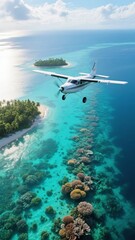Naklejka premium Seaplane flying over a vibrant coral reef near tropical islands