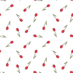 Tender red tulip flowers with stem and leaves seamless repeat pattern. Cute spring flowers design for paper, fabric, wallpaper. Mother's day, women's day, birthday background.
