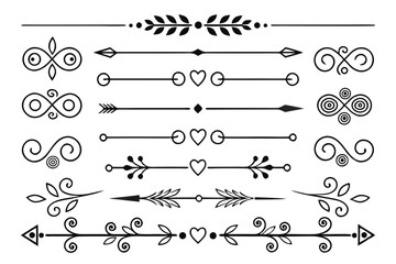 Obraz premium Decorative Black Vector Dividers with Arrows and Floral Swirls in Hand-Drawn Style. Elegant Line Borders for Wedding Layouts, Posters, and Design Projects.