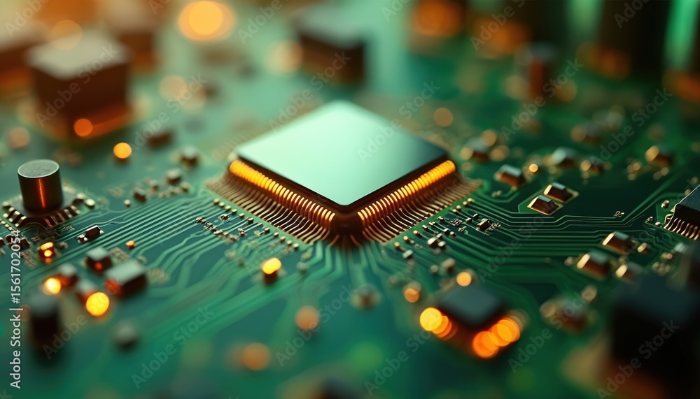 Aufkleber close-up of advanced circuit board in smart factory. tech component details, microchip, hardware, el