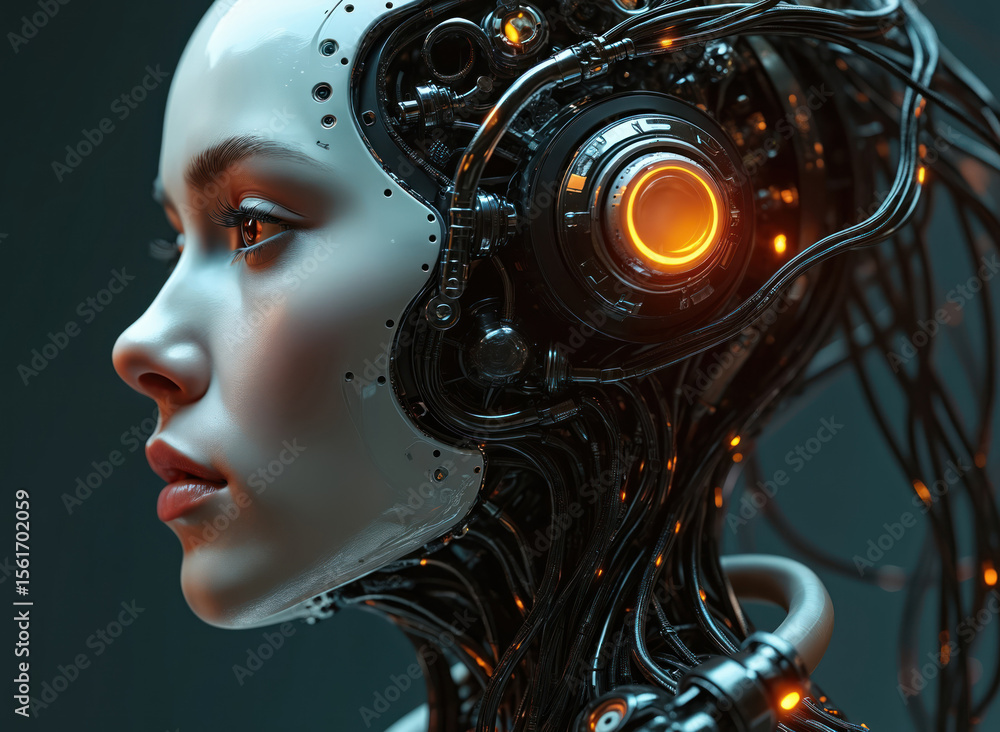 Poster cybernetic face profile of a robot woman with digital interface. tech concept of artificial intellig