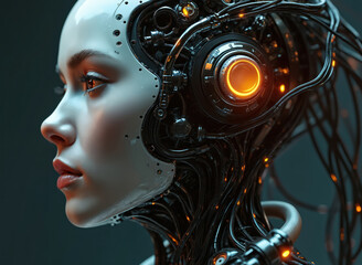 Cybernetic face profile of a robot woman with digital interface. Tech concept of artificial intelligence, futuristic, cyborg. AI human connection, digital transformation, innovation and tech.