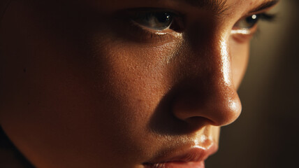 Close up of young woman face showing detailed skin texture and reflective eyes with thoughtful and intense expression