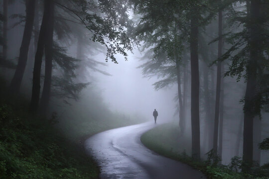 Lone figure walks on a winding wet road through a dense foggy forest