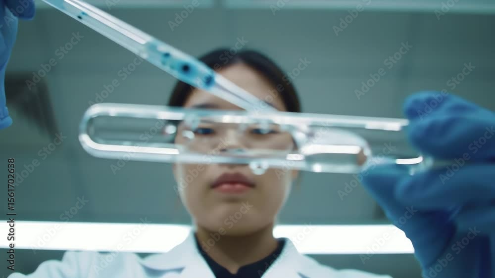 Poster a scientist in a lab adding blue liquid to a test tube with gloves