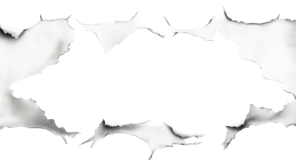 Torn white paper with ragged edges on black, cut out transparent