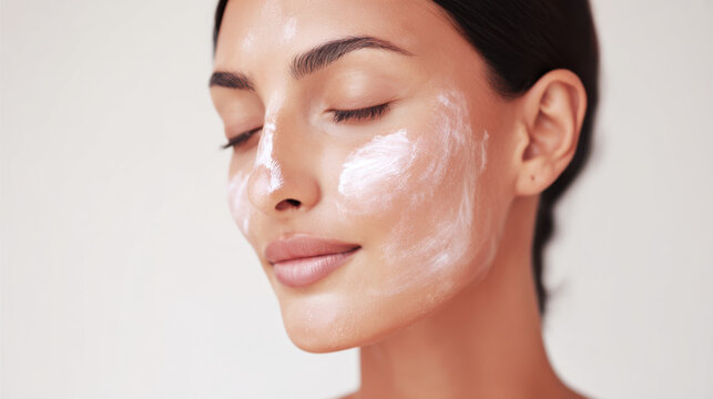 Soft skin care cream on woman face with closed eyes showing natural beauty and festival makeup ideas