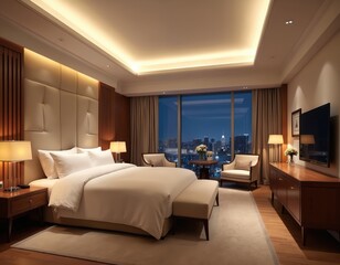 Fototapeta premium Luxurious hotel bedroom interior. Elegant furniture, comfortable bed, soft lighting create cozy atmosphere. Modern design with city view from panoramic window, relaxation, comfort. Luxury apartment,
