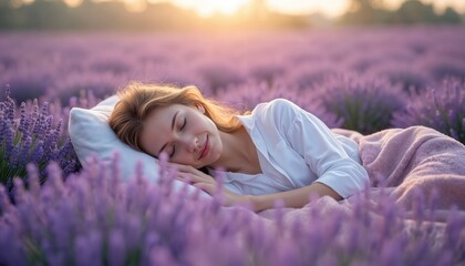 Woman sleeps on pillow, surrounded by blooming lavender flowers. Peaceful outdoor rest in nature. Calm serene scenery for relaxation and wellness. Enjoy dream, spa, healthy rest.