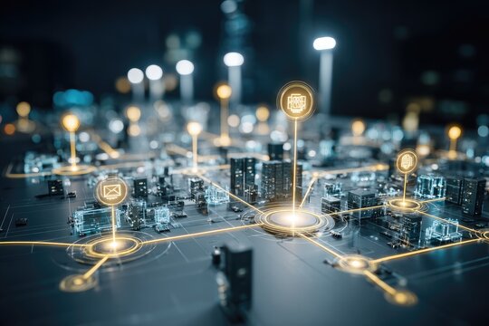 Urban digital network.  Cityscape overlaid with interconnected lines and glowing nodes, depicting data flow and communication