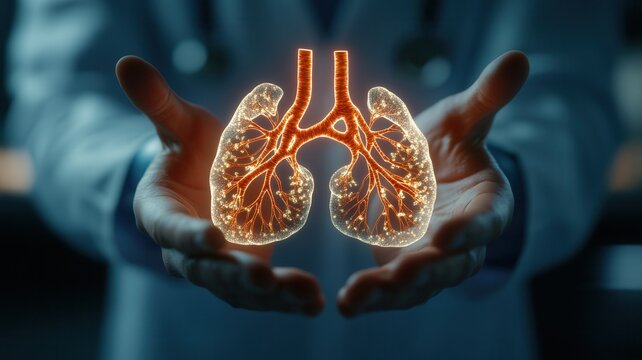 Doctor presenting glowing hologram of human lungs, showcasing medical innovation in respiratory care and diagnosis - Powered by Adobe
