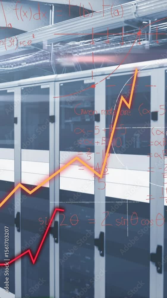 Poster animation of graphs, mathematical equations and diagrams against server room in background