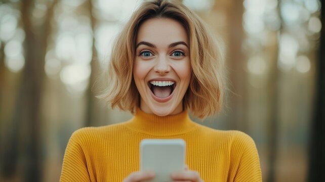 Excited young woman celebrating her success while reading uplifting news on her smartphone, surrounded by the beauty of a forest