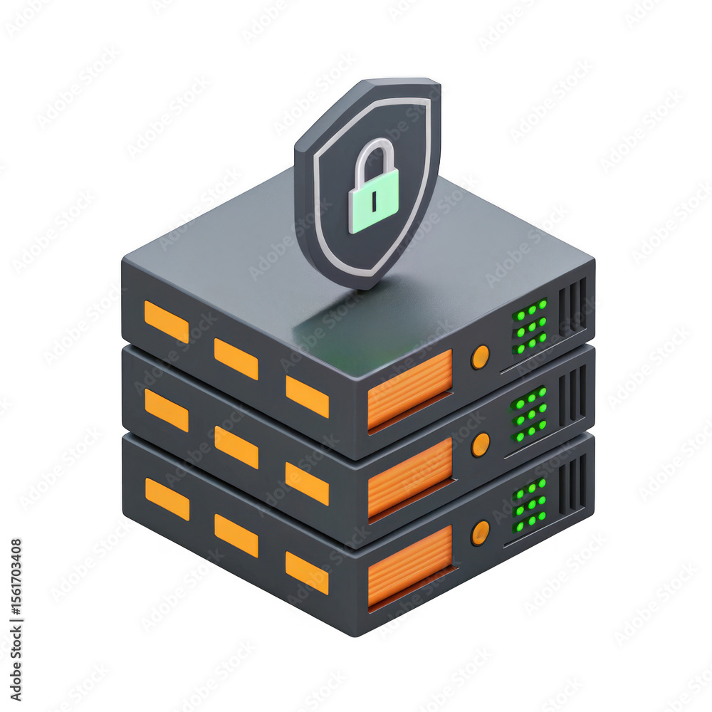 Poster 3d server rack with security shield isolated on transparent background
