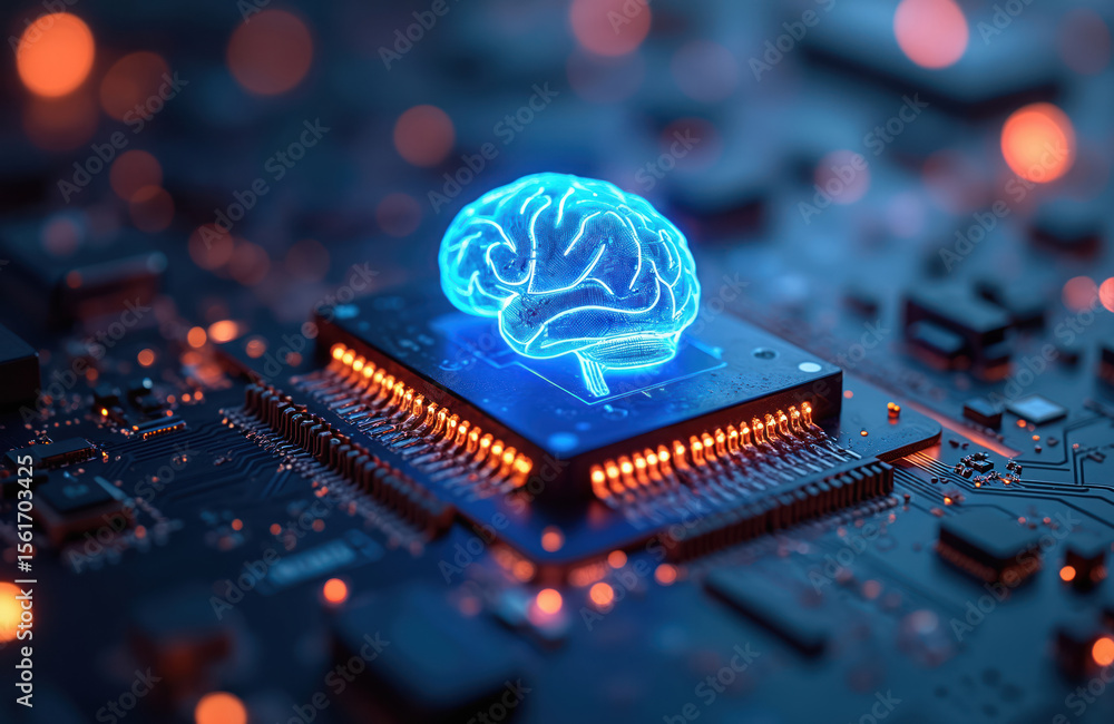 Poster futuristic ai brain motif on high-tech chip with glowing blue neon lights. circuit board with blurre