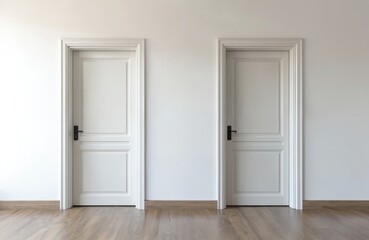 Fototapeta premium Two white closed doors in office room. White walls brown wooden floor. Empty room background design. Interior home entrance doorway for design projects.