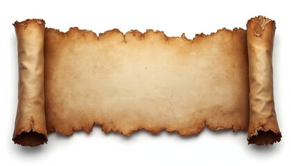 Aged parchment scroll with faded, burnt edges. Ancient document on white background. Vintage paper with space text, message. Old brown, textured paper, suitable for historical themes, stories,