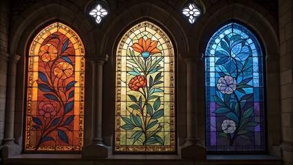 Fototapeta premium Three arched stained glass windows with floral designs in warm orange yellow and cool blue hues illuminating a stone interior