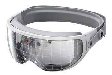 Modern augmented reality headset is projecting a shoe fit grid and size arrow, showcasing the potential of ar technology in retail and virtual try on experiences, on transparent background