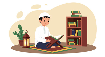 Muslim boy reading Quran in Ramadan with lantern and books illustration