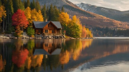 Fototapeta premium Autumn Mountain Reflections with Cozy Log Cabin and Boat by the Shore