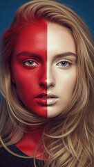 Close-up of woman with blonde hair, face half painted red, half natural, creating a striking contrast, symbolizing duality or transformation