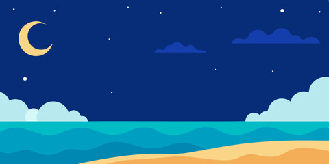 Fototapeta premium Moonlit tropical beach with serene ocean waves under a starry night sky, perfect for a summer travel design
