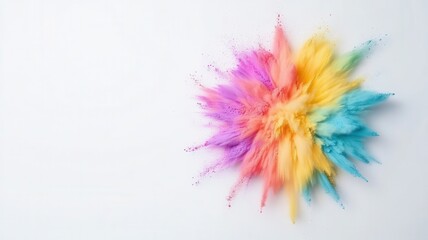 Obraz premium Vibrant holi powder exploding in multicolored bursts, splattering dynamic rainbow pigments across pristine white surface