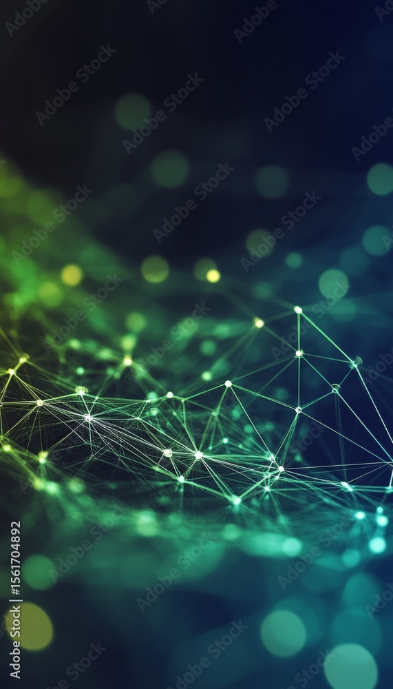 Poster abstract green network background with interconnected dots and lines depicting data communication
