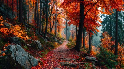 Fototapeta premium Vibrant Orange and Red Autumn Trees