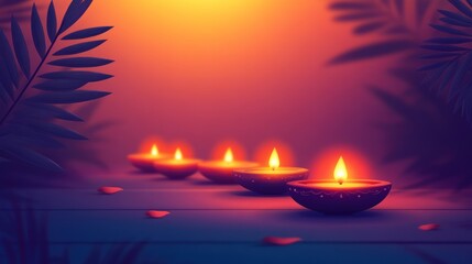 Diwali diyas, warm sunset, tropical leaves background, decorative lighting, stock photo