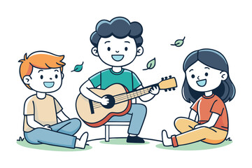Melody of Togetherness: A heartwarming illustration captures the essence of friendship and shared moments, as three young friends come together with a guitar and music.