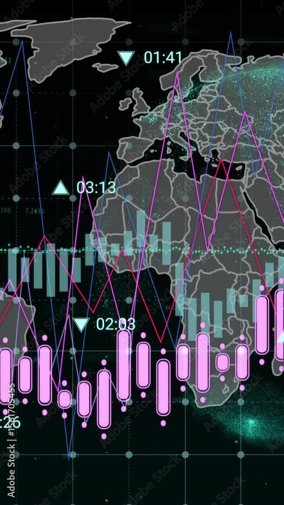 Poster animation of financial data processing over world map