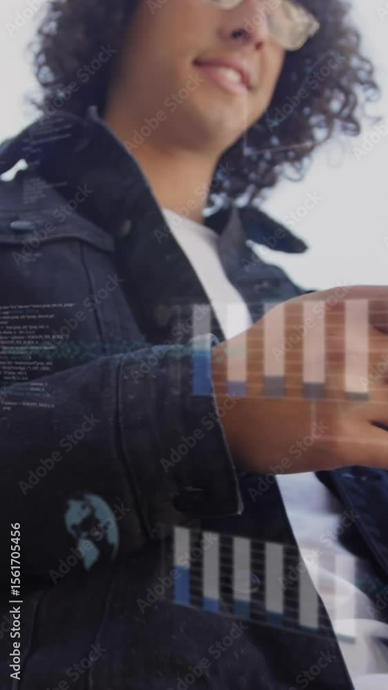 Poster animation of financial data processing over man using smartphone