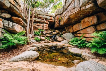 Obraz premium Rocky ravine with a small waterfall and pool. Lush vegetation