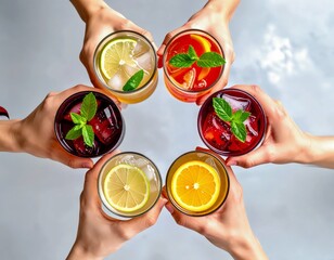 Cocktails set, friends toasting with colorful cocktails and drinks at summer party, hands holding glasses in celebration cheers