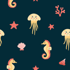 Seamless pattern sea life. Marine animals jellyfish and seahorse on dark background. Vector illustration.