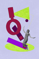 Zine pop image banner 3d photo collage of happy businessman businesswoman stand magnifier lens...