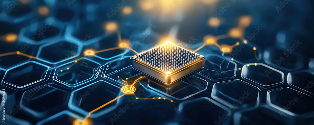 Poster compact graphene based rechargeable battery sits on futuristic circuit board, glowing with energy. h