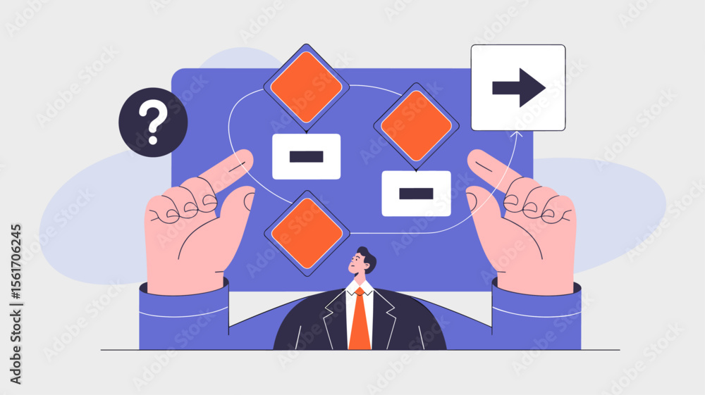 Poster manager analyzing a business process flowchart on a screen, vector illustration for problem-solving,
