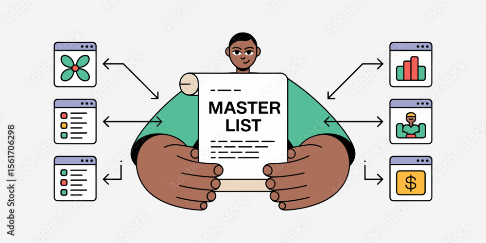 Poster data manager holding a master list connected to information sources, vector illustration for referen