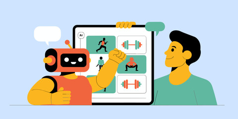 robot coach showing a man a personalized workout plan on a tablet, vector illustration for ai fitness coach, digital wellness app and custom exercise programs