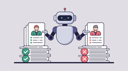 robot sorting candidate resumes with check and cross marks, vector illustration for ai recruitment bot, automated candidate screening and human resources technology